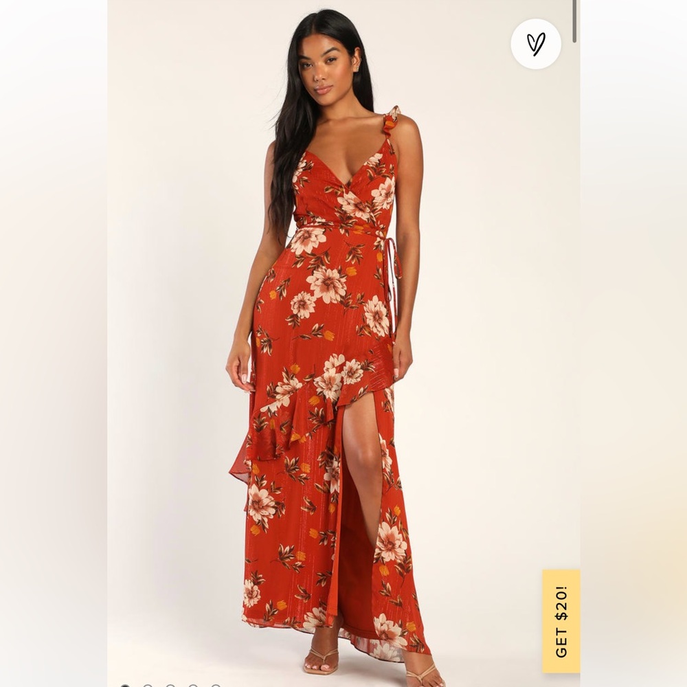Lulus Ruffled Maxi Dress, wedding guest dress, orange floral dress, floral maxi